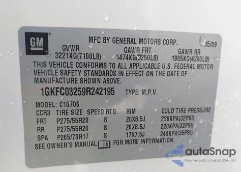 2009 GMC Yukon Denali из США, поврежденный, VIN 1GKFC03259R242195